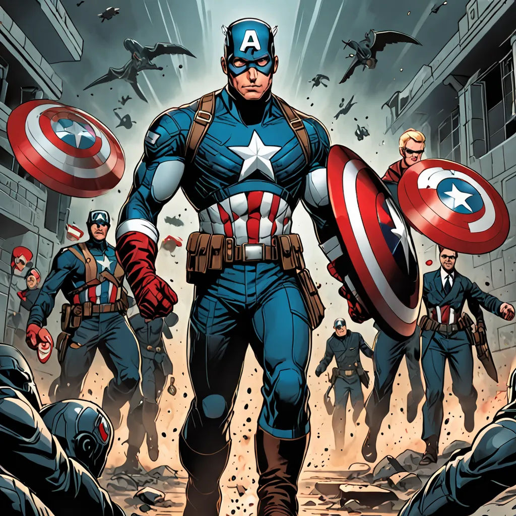a captain america is surrounded by other avengers characters in a scene from the avengers comics series, with a man in a suit and a helmet, Americo Makk, antipodeans, a comic book panel, marvel comics