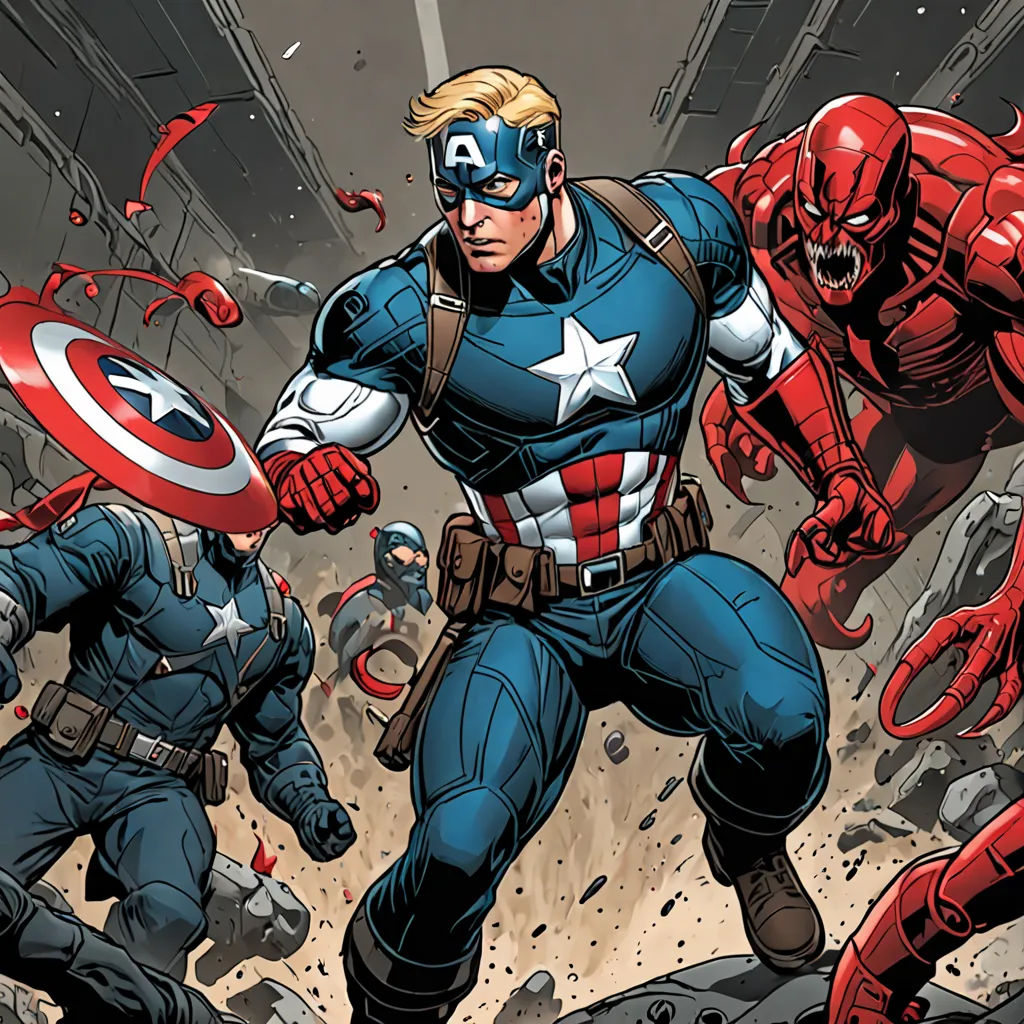 a group of avengers characters in a scene from the avengers comics, with captain america in the background and a third man in the foreground, Alan Davis, process art, a comic book panel, marvel comics