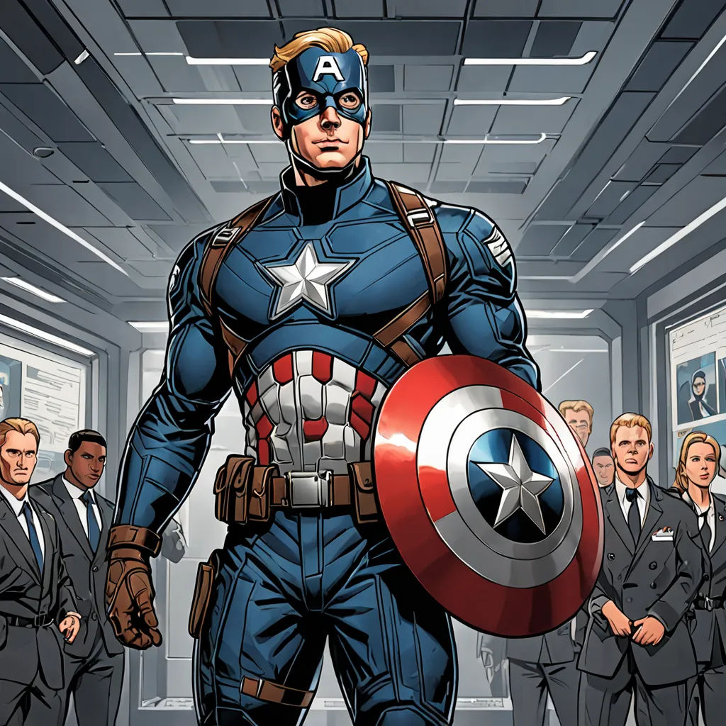 a man in a suit and tie holding a shield in a room full of people in suits and ties, Americo Makk, american realism, a comic book panel, marvel comics