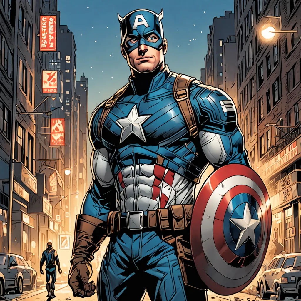 a man in a captain america costume is standing in the street with a shield on his chest and a helmet on his head, Americo Makk, antipodeans, a comic book panel, marvel comics
