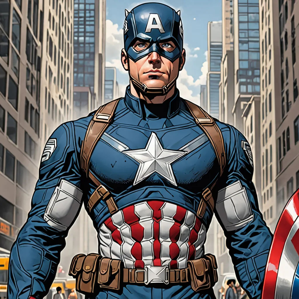 a man in a captain america suit standing in a city street with a shield on his chest and a helmet on his head, Americo Makk, american realism, a comic book panel, marvel comics