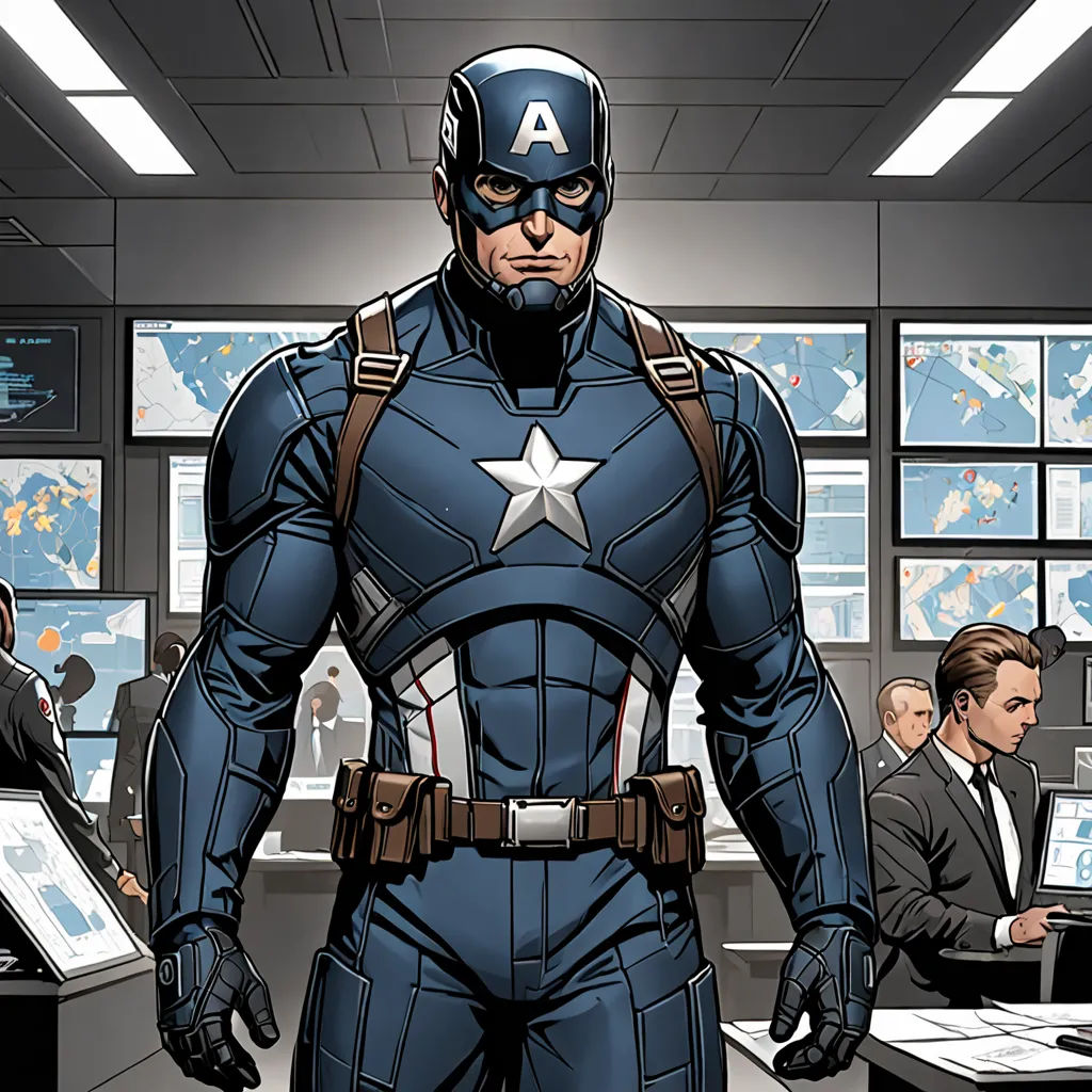 a man in a captain america suit standing in an office with a bunch of people in the background looking at him, Americo Makk, tachisme, a comic book panel, marvel comics