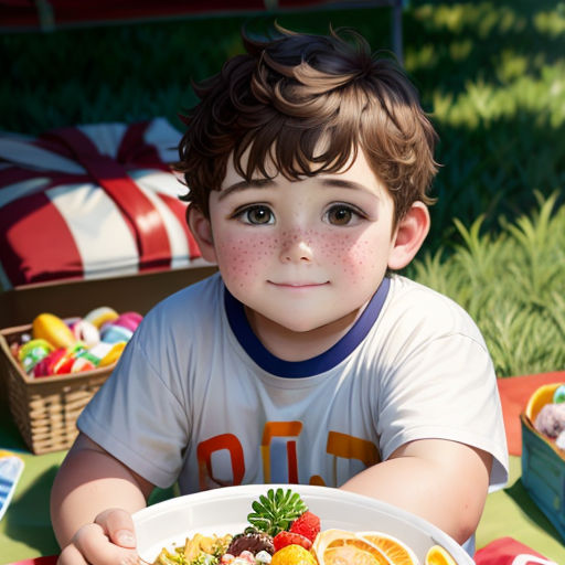 a young boy sitting at a table with a plate of food in front of him and a basket of candy in the background