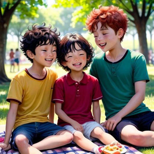 three young boys sitting on a blanket in a park smiling at the camera, with a picnic blanket on the ground
