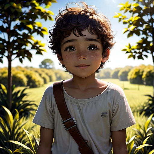 a boy with a camera strap on his shoulder in a field of grass and trees with a sun shining through the trees