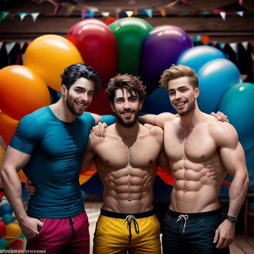 three men posing for a picture in front of balloons and balloons in the background, one of them is wearing a blue shirt