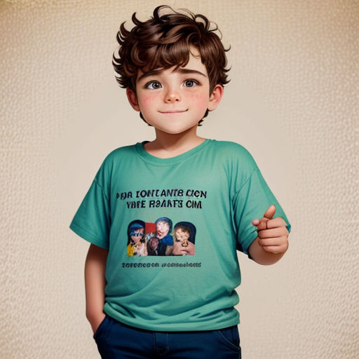 a young boy wearing a green shirt with a picture of himself on it and a message on the front