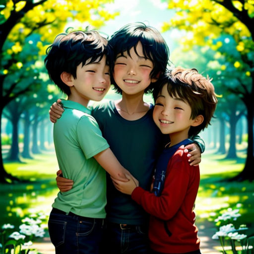 three children hugging each other in a park with trees and grass in the background and a path leading to the park