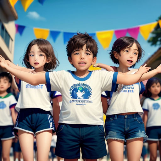 a group of children standing next to each other in front of a crowd of people wearing shorts and t - shirts