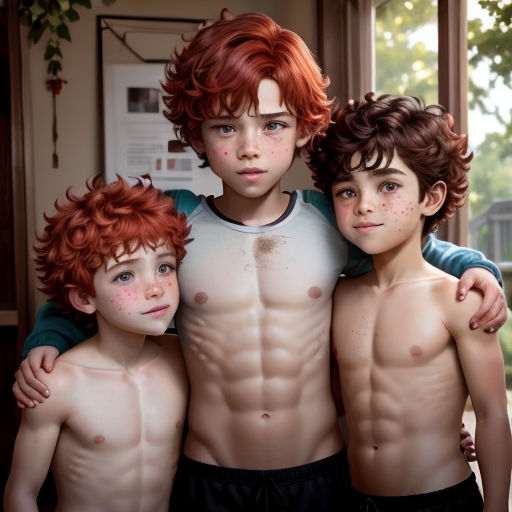 three boys with freckles and a shirtless body pose for a picture in front of a window