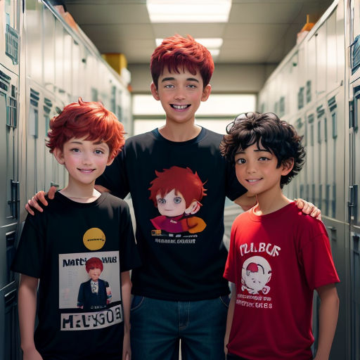 three boys standing in a hallway with lockers behind them and smiling at the camera with their arms around each other