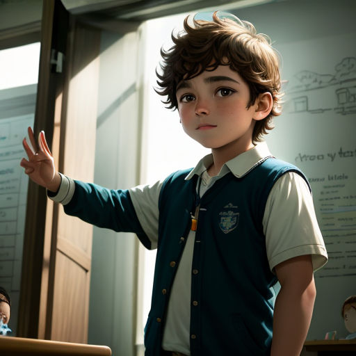 a boy in a vest and tie standing in front of a door with his hand up in the air