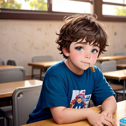 a boy sitting at a desk with a pipe in his mouth and a book in his mouth in front of him