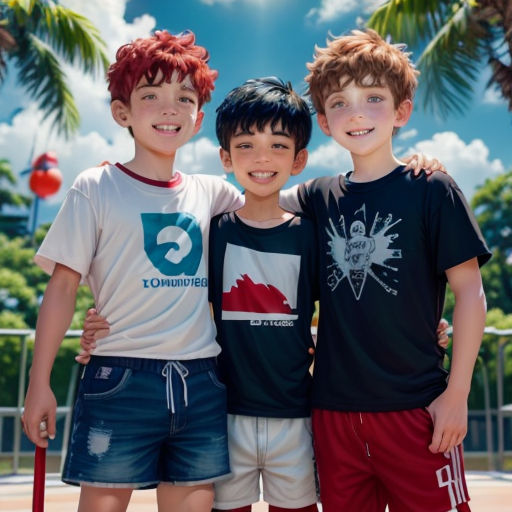 three boys standing next to each other in front of a palm tree and fenced area with a blue sky