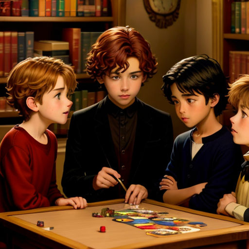 a group of children standing around a table with a board game on it in front of them and a clock