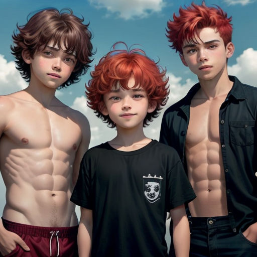 three boys with red hair standing next to each other in front of a blue sky with clouds and clouds