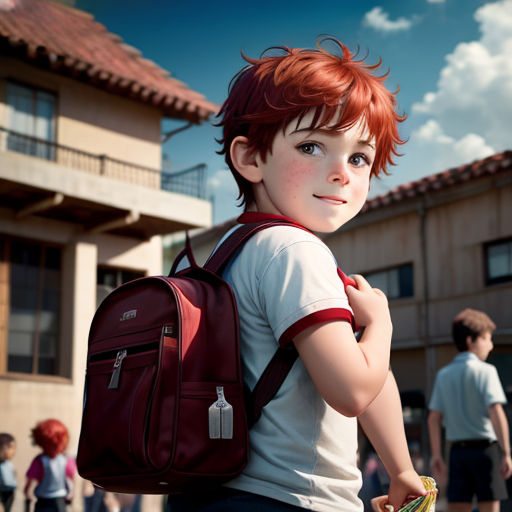a boy with a backpack and a tennis racket in his hand and a group of people in the background