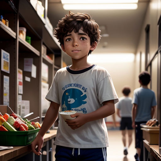 a boy is standing in a hallway with a bowl of fruit in front of him and a bowl of vegetables in the background