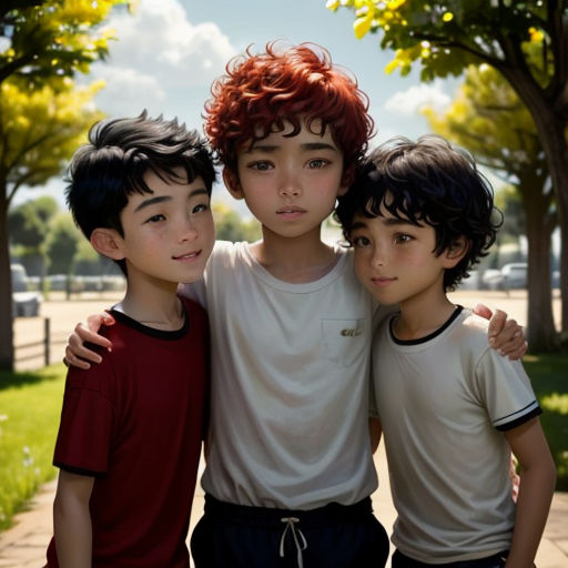 three boys are posing for a picture together in a park with trees in the background and a blue sky