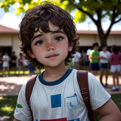 a young boy with freckles on his face and a backpack on his shoulder, standing in front of a building