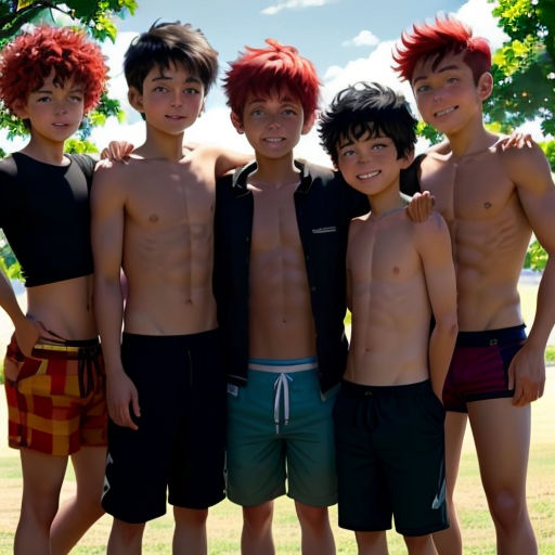 a group of young men standing next to each other in a park with trees in the background and grass in the foreground