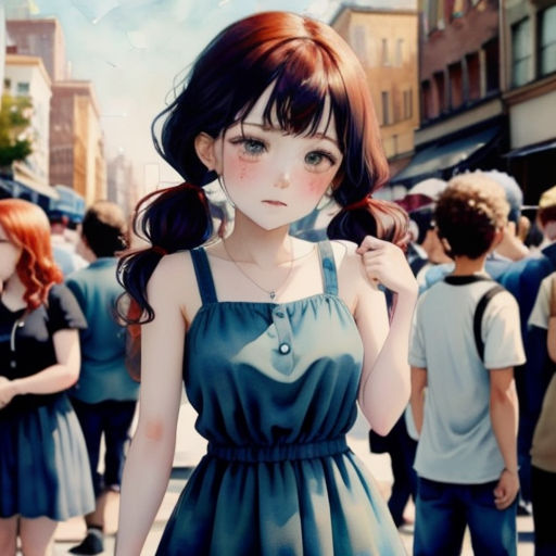 a girl in a dress standing in a crowd of people in a city street with a man in the background