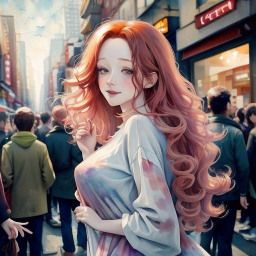 a woman with long red hair standing in the middle of a crowded street with people walking around her and a man standing next to her