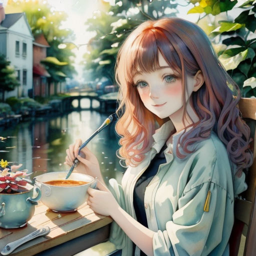 a woman sitting at a table with a bowl of food and a spoon in her hand, next to a bowl of strawberries