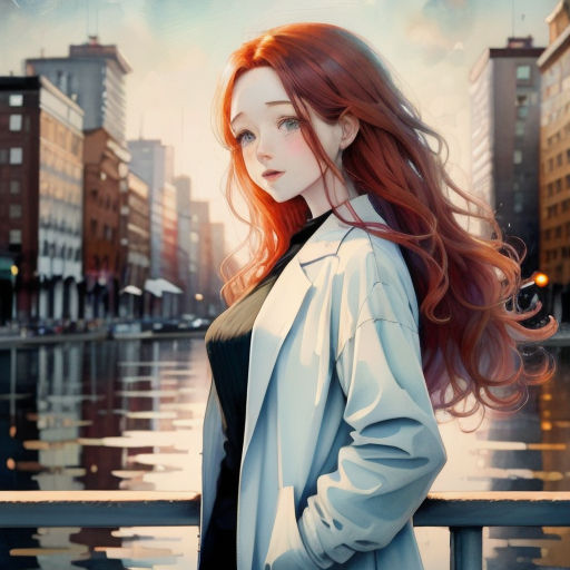 a woman with long red hair standing on a bridge next to a body of water with buildings in the background