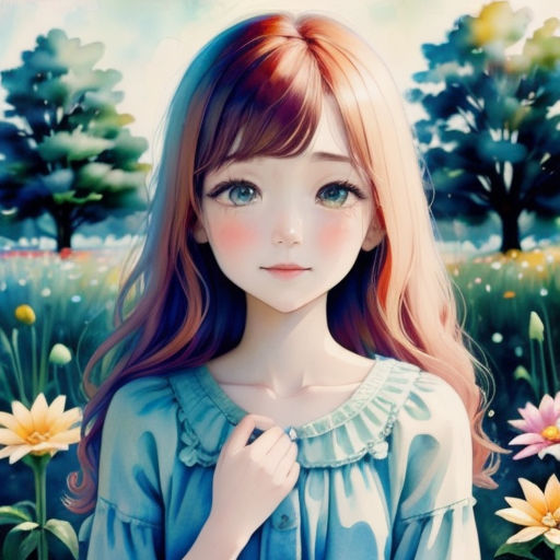 a painting of a girl in a field of flowers with trees in the background and a sky in the background