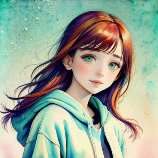 a painting of a girl with red hair and green eyes wearing a blue hoodie and a blue sweatshirt