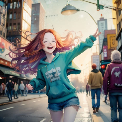 a woman with long hair is running down the street in a city with people walking by and a man walking down the street