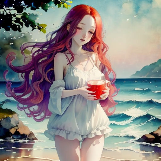 a girl with long red hair holding a cup of coffee on a beach with a view of the ocean