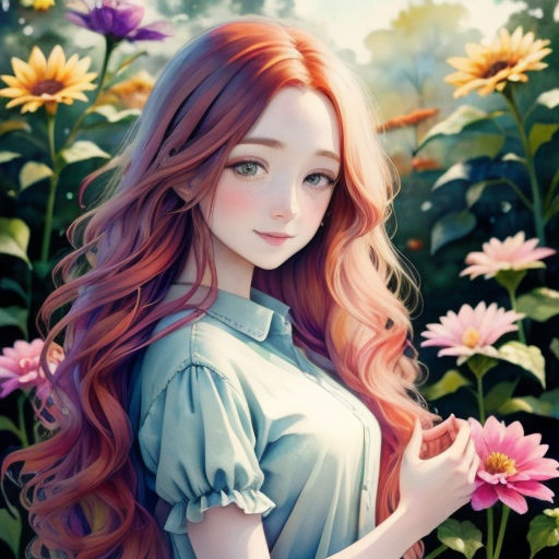 a girl with long red hair standing in a field of flowers with pink flowers in her hand and a blue shirt on