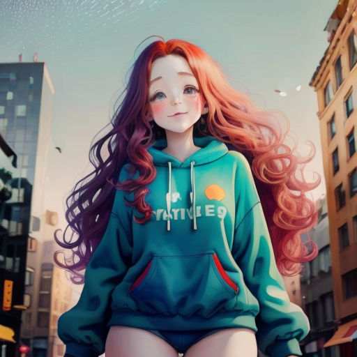 a girl with long red hair is sitting on a bench in the city with a hoodie on and a smile on her face