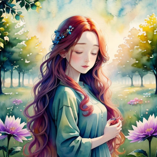 a painting of a girl with long hair standing in a field of flowers with her eyes closed and her hands folded