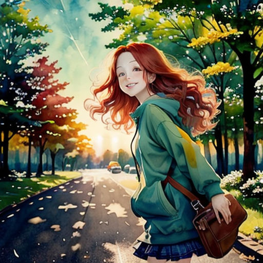 a girl walking down a road with a purse in her hand and trees in the background, with a car on the road