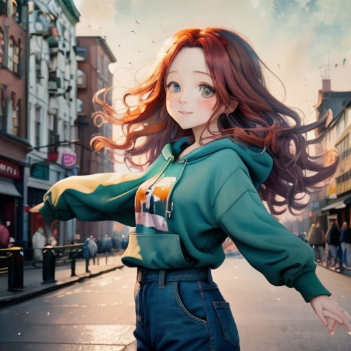 a woman with long hair standing on a street corner in a green shirt and jeans with her arms outstretched