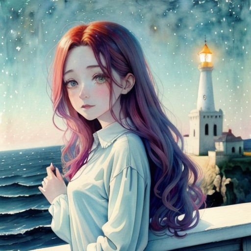 a girl with long hair standing on a ledge near the ocean and a lighthouse with a light house in the background
