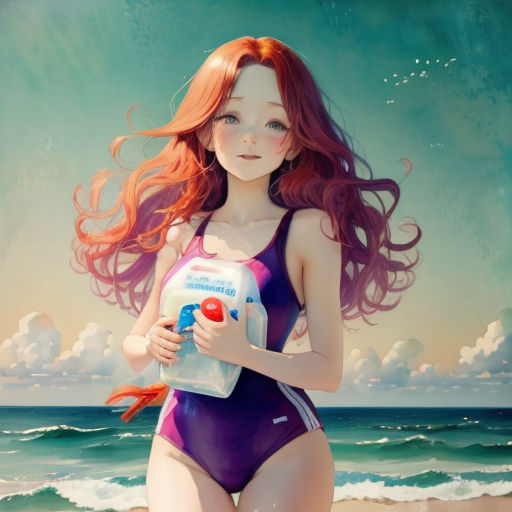 a painting of a woman in a bathing suit holding a bottle of sunscreen on a beach with waves