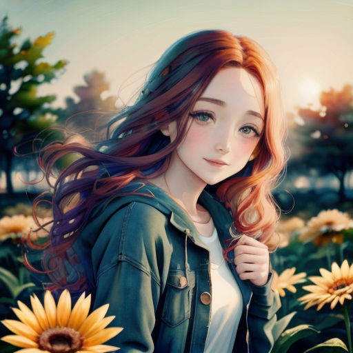 a girl with long hair standing in a field of sunflowers with her eyes closed and a green jacket on