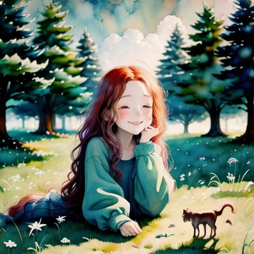 a painting of a girl sitting in the grass with her cat and a dog nearby on a sunny day