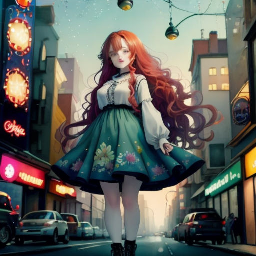 a girl with long hair walking down a street in a dress and boots with a flowered skirt on