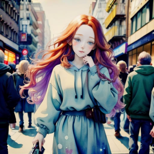 a woman with long red hair walking down a street with a handbag in her hand and a handbag in her other hand