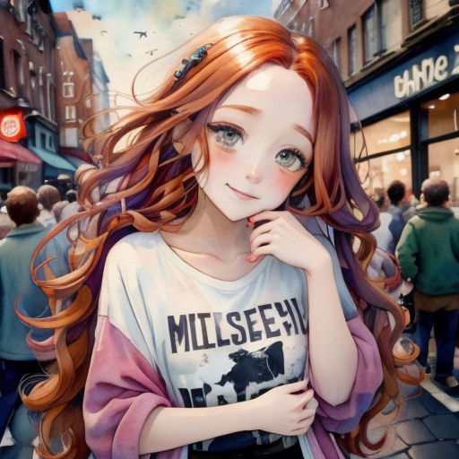 a girl with long red hair standing in front of a crowd of people on a street with buildings and a sky background