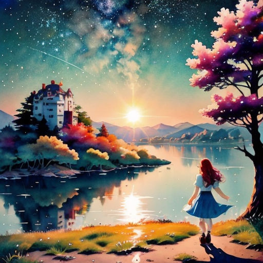 a painting of a girl looking at a lake and a castle in the distance with a star filled sky