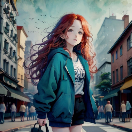 a girl with red hair is walking down the street with a handbag in her hand and a bird flying overhead