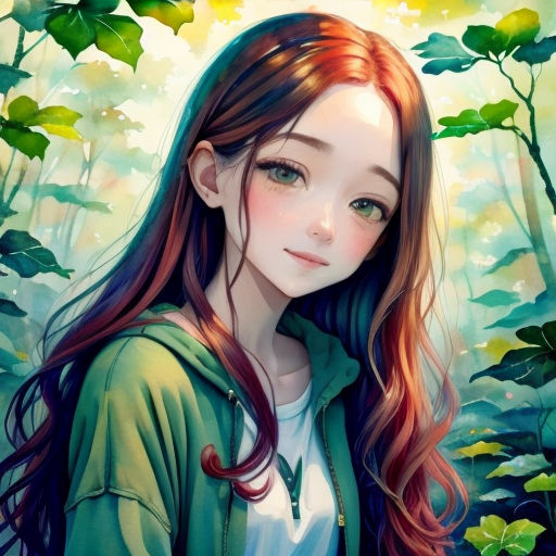 a girl with long hair standing in a forest with leaves on her head and a green jacket on her shoulders