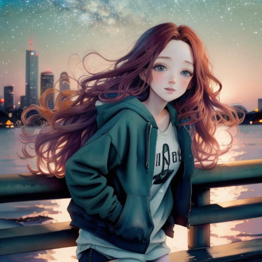 a girl with long hair standing on a pier near the water with a city skyline in the background and stars in the sky