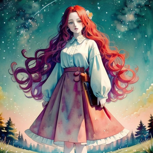 a painting of a girl with long red hair and a dress on, standing in a field with trees